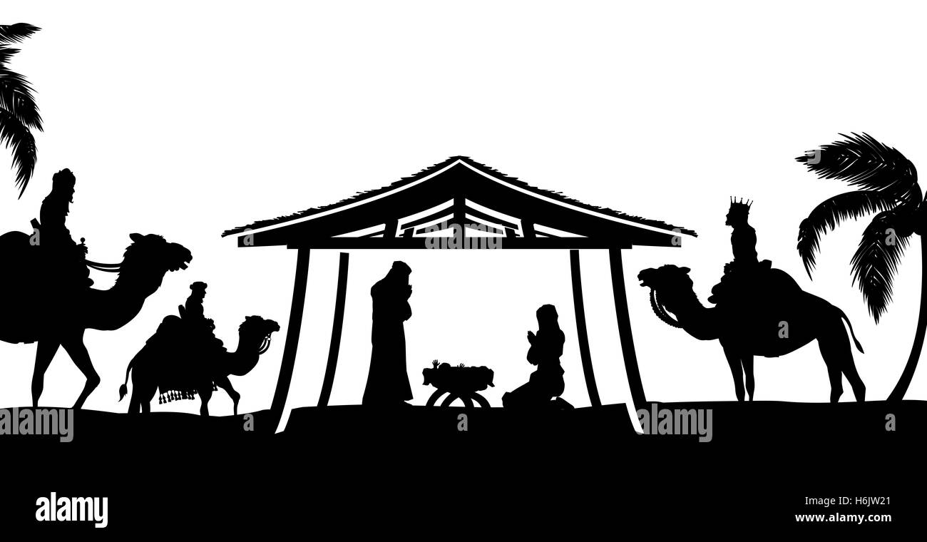 Natale cristiano scena della Natività del Bambino Gesù nella mangiatoia con Maria e Giuseppe in silhouette circondato dagli animali e il Foto Stock