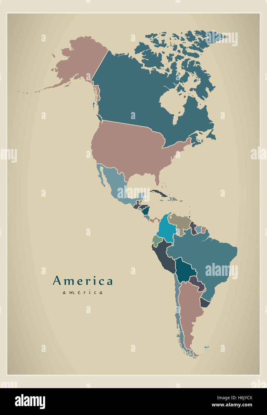 Mappa moderno - America mappa completa con i paesi colorati Illustrazione Vettoriale