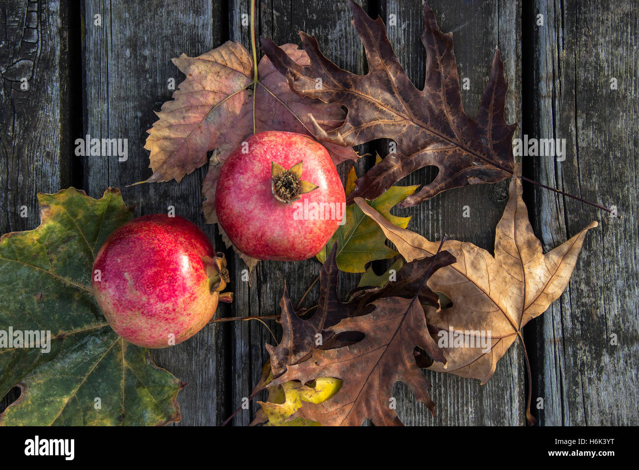 Serbia - Due melagrane e foglie su un weathered superficie in legno Foto Stock
