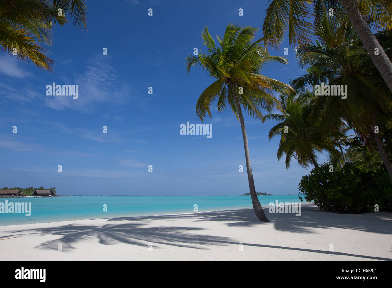 Splendida spiaggia bianca e il cielo limpido. Classica isola tropicale dell'immagine. Ocean holiday vista della spiaggia e del mare delle Maldive. Foto Stock