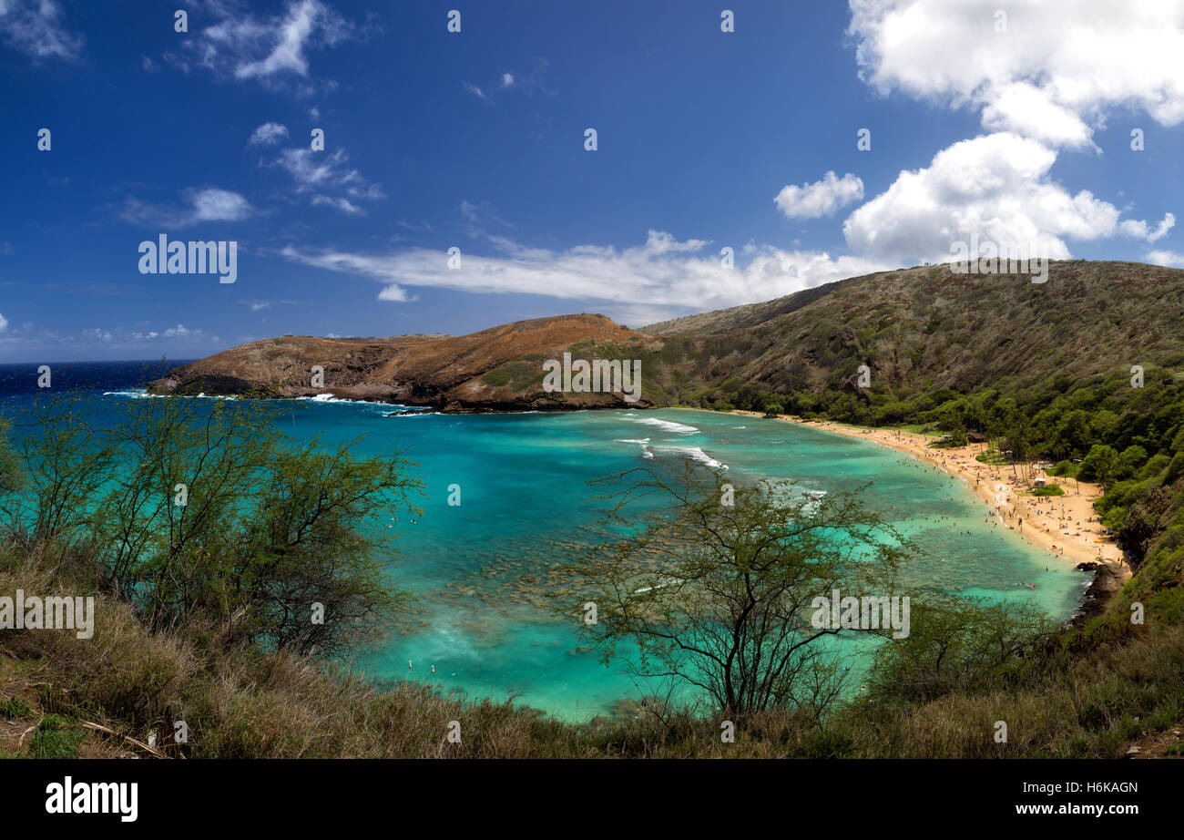 Vista sulla Baia di Hanauma, una spiaggia molto popolare e snorkeling spot su Oahu, Hawaii, Stati Uniti d'America. Foto Stock