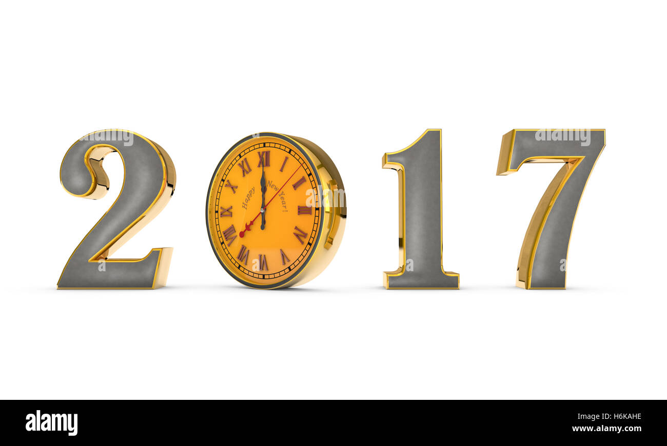 Simbolo di natale e metafora (l'orologio). Felice anno nuovo 2017. Sfondo nero. 3D illustrazione Foto Stock