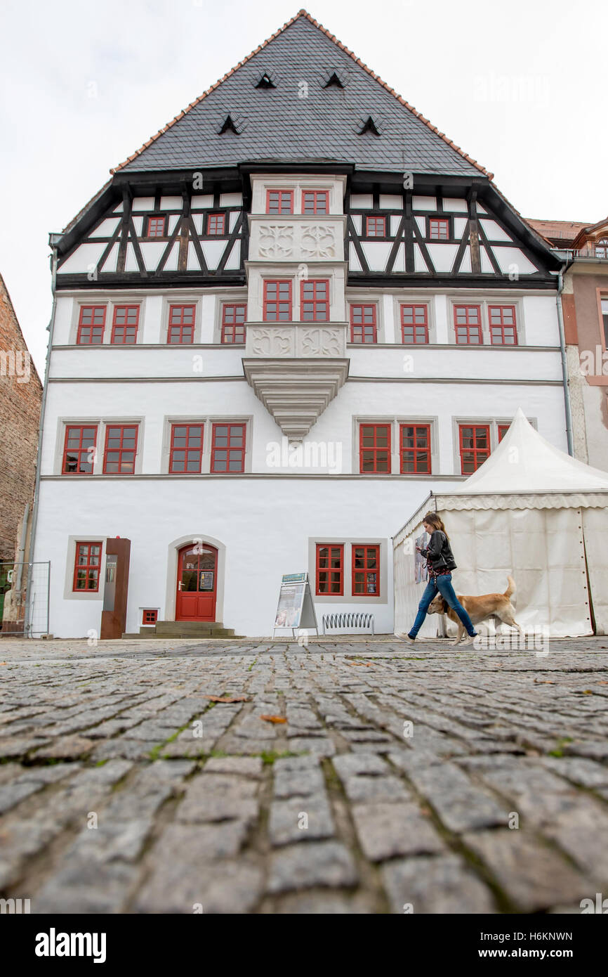 Una donna cammina oltre la casa di Lutero in Neustadt/Orla, Germania, 31 ottobre 2016. Dopo un anno di lavori di ristrutturazione per la casa di Lutero, perseverato nello stato dai tempi della riforma, si apre sul giorno della Riforma. Tuttavia, Lutero probabilmente mai vissuto nella casa. Foto: ARIFOTO UG/dpa Foto Stock