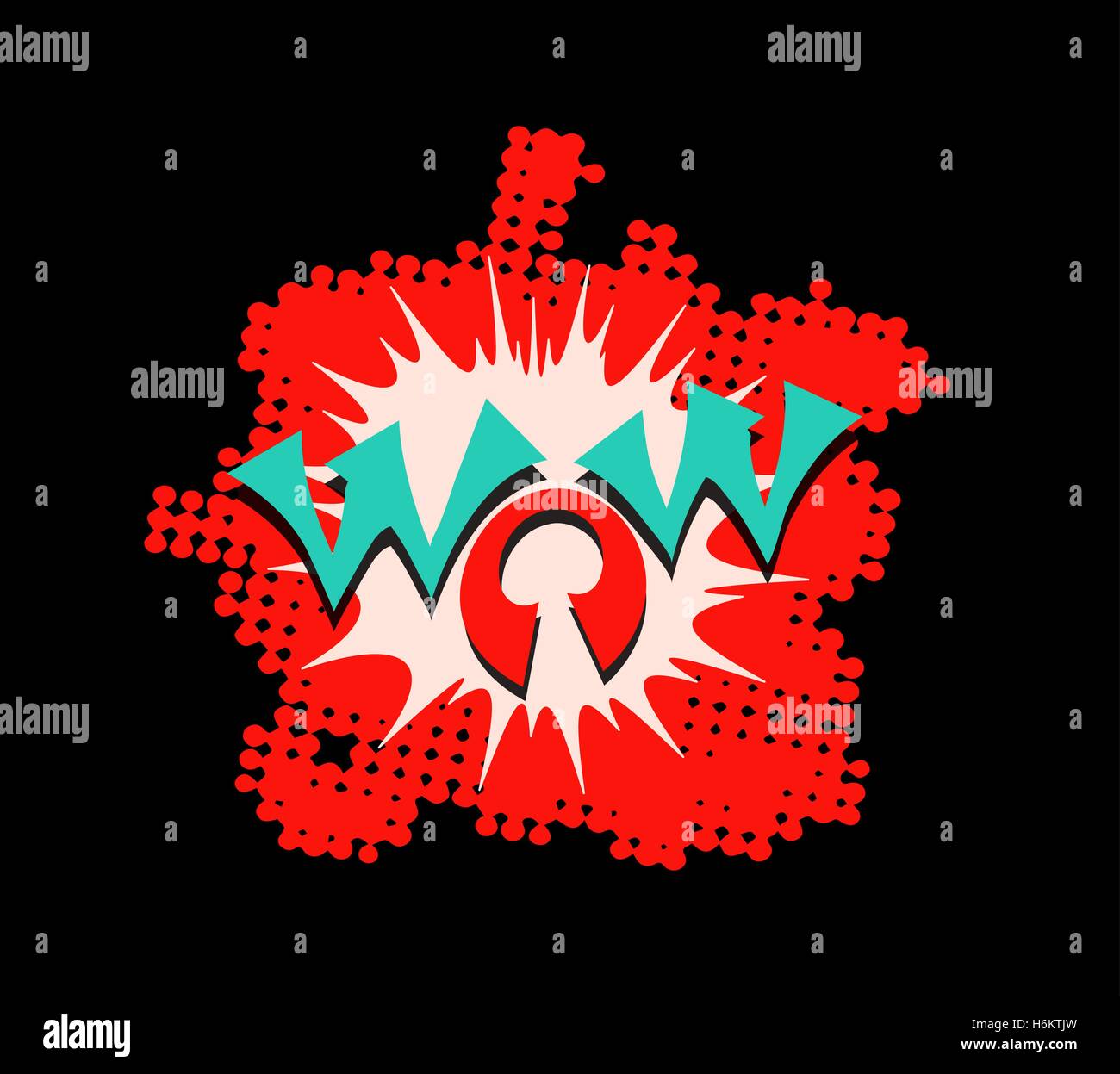 Wow parola scritta a mano con un blob e mezzitoni fumetto sfondo stile cartoon illustrazione vettoriale Illustrazione Vettoriale