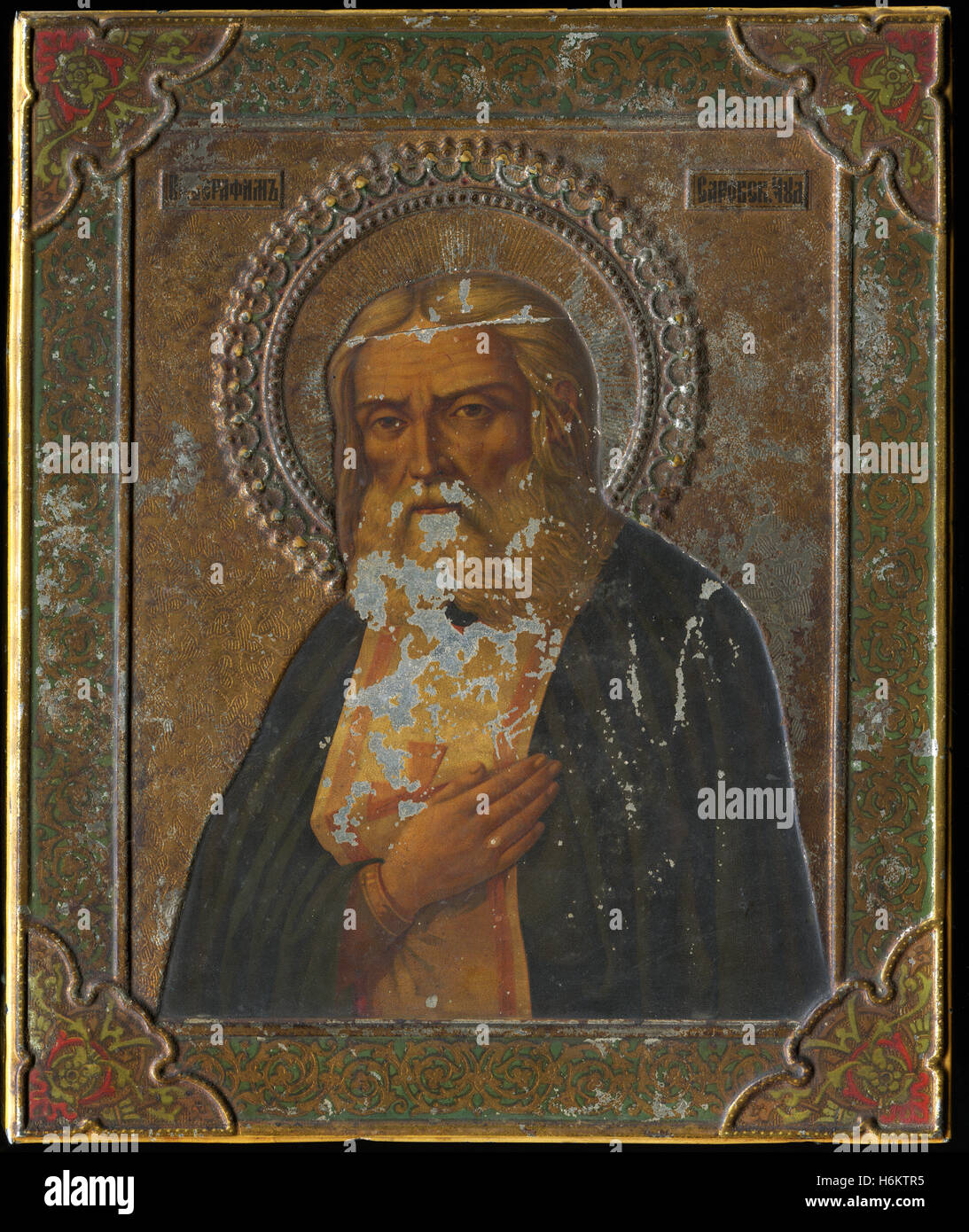 San Serafino di Sarov, stampa a colori su goffrato metallo, la pianta del Patriarcato di Mosca, 1903 Foto Stock