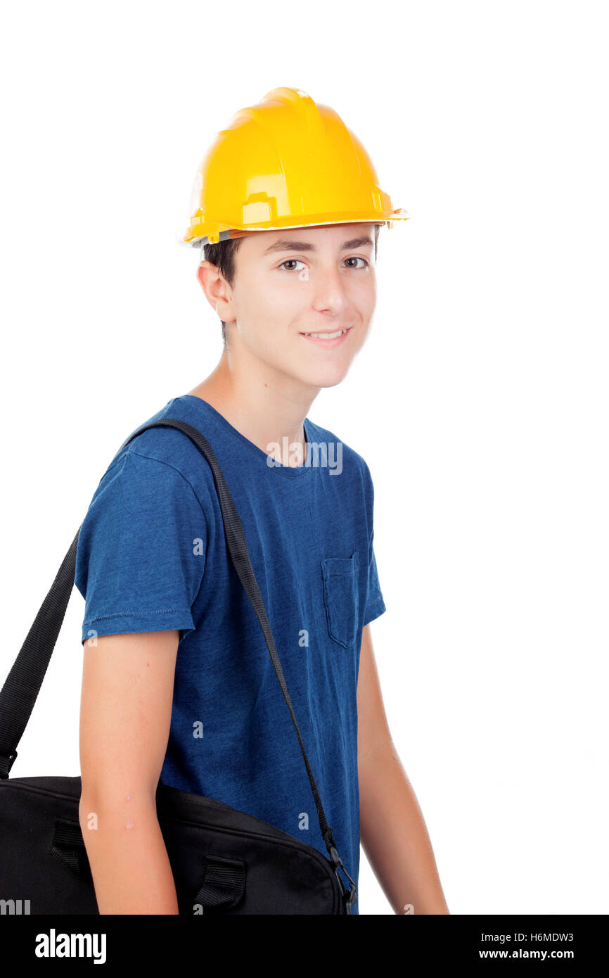 Bambino con casco giallo. Un futuro architetto isolato su uno sfondo bianco Foto Stock