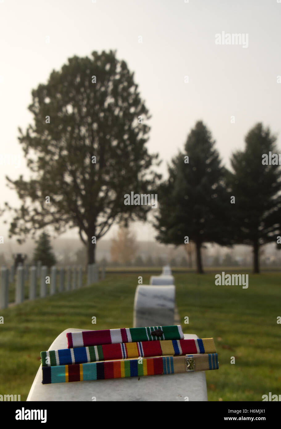 Premio militare nastri sulla cima di una lapide di marmo con le tombe dei veterani del' cimitero avvolto nella nebbia in background Foto Stock
