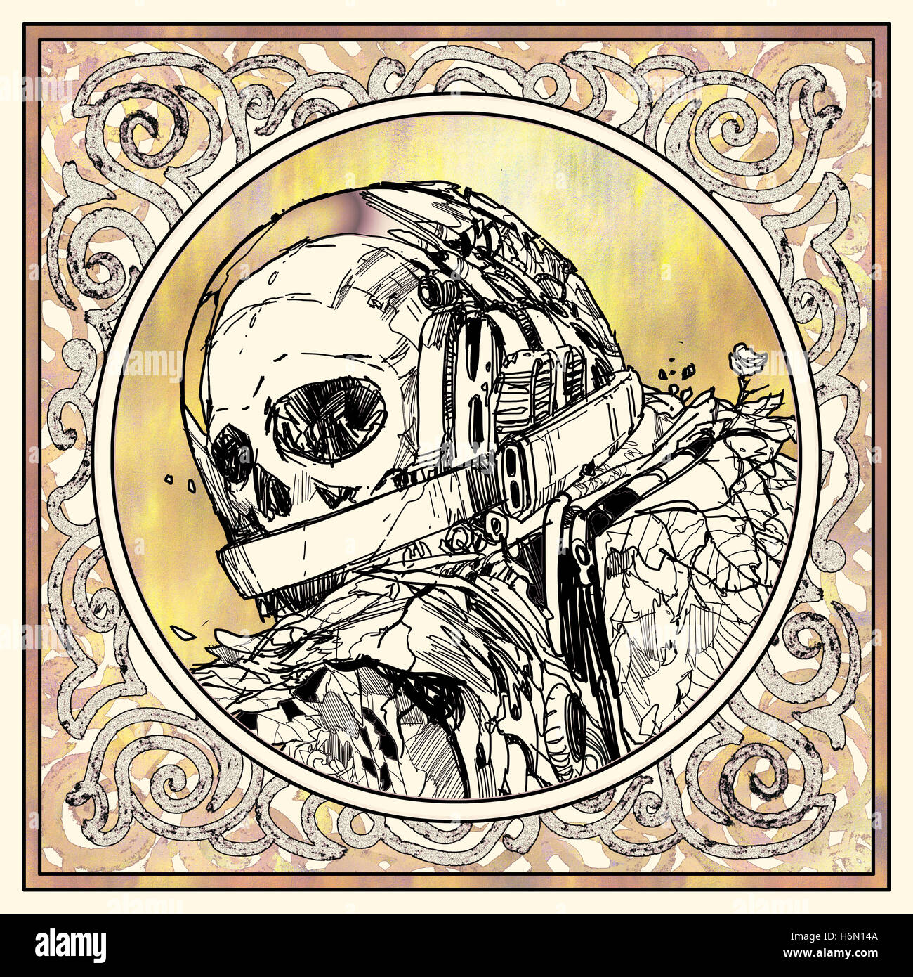 Mano-bozzetto di astronauta morto in tuta spaziale con motivo grafico,l'illustrazione tecnica Foto Stock