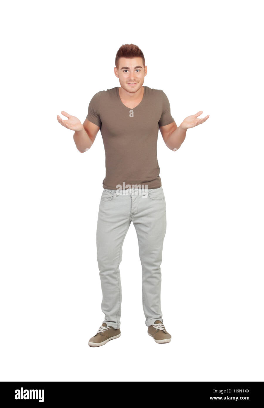 Giovane uomo di dubbia espressione isolato su uno sfondo bianco Foto Stock