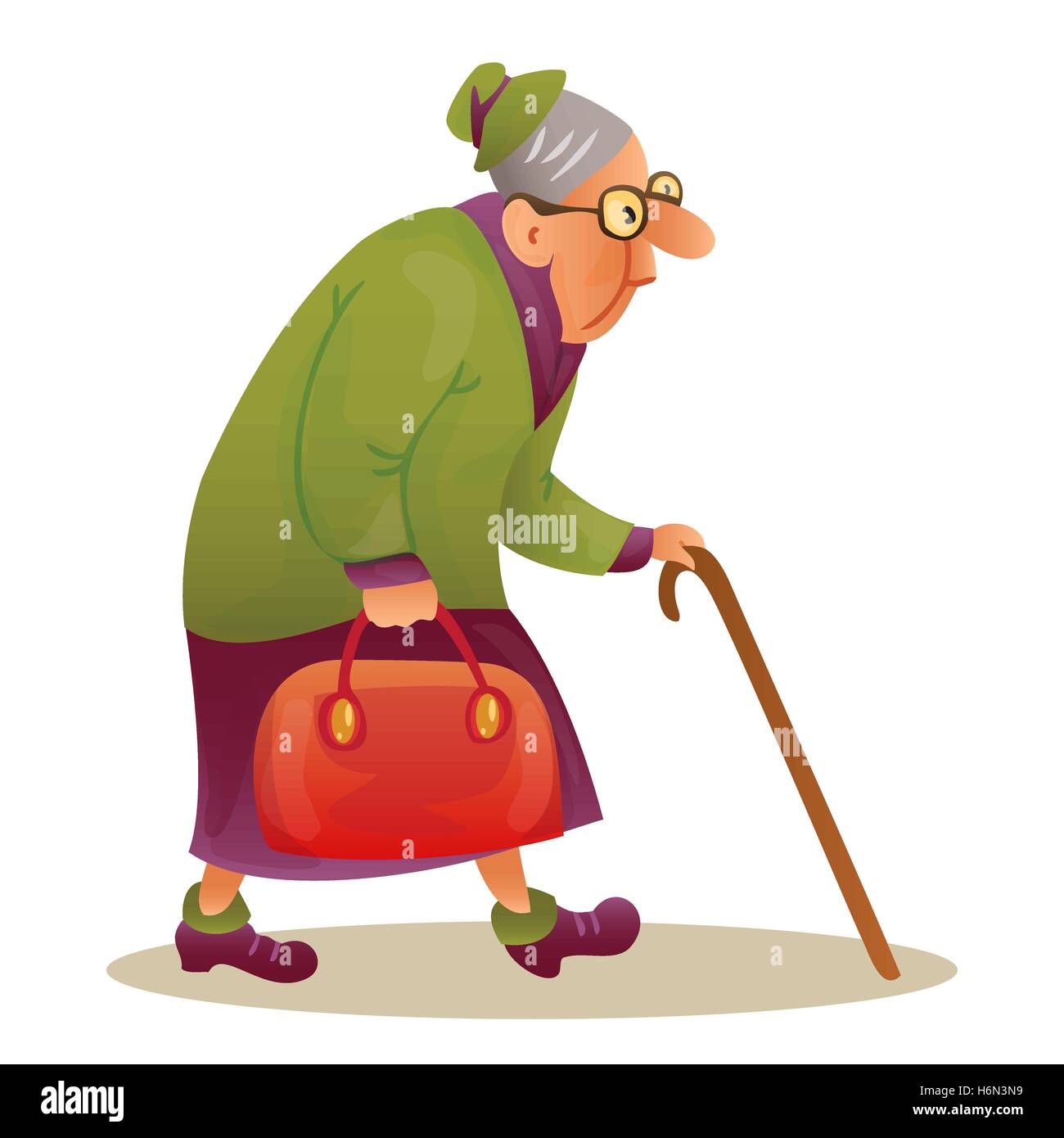 Funny anziana signora con gli occhiali. Nonna con la memory stick e un  sacchetto. Curvò anziana signora con un bastone. Colorata in stile fumetto  malato del vettore Immagine e Vettoriale - Alamy