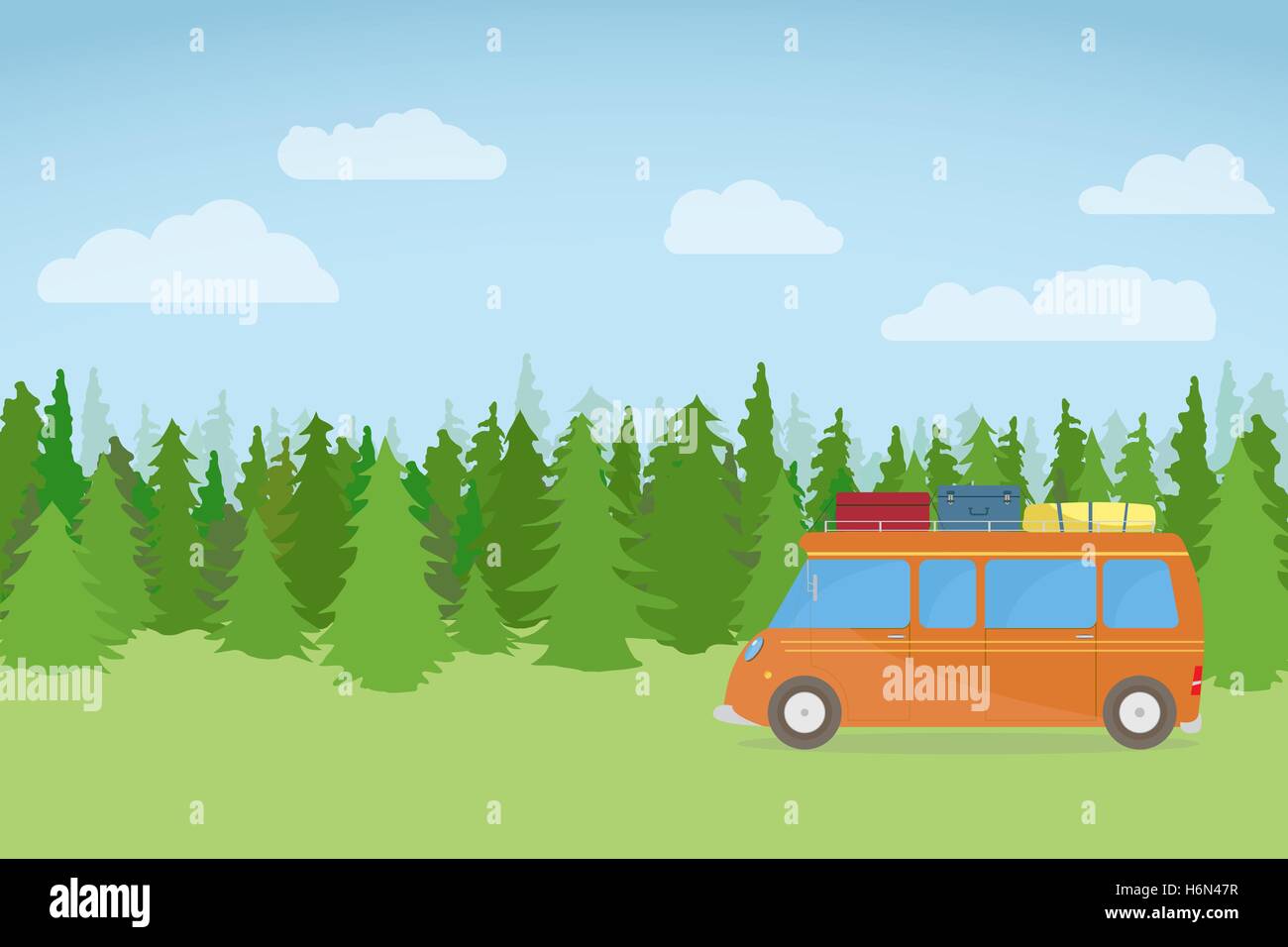 Il bus di famiglia, viaggiando sulla natura sfondo, con la foresta, nuvole ed erba. Illustrazione Vettoriale