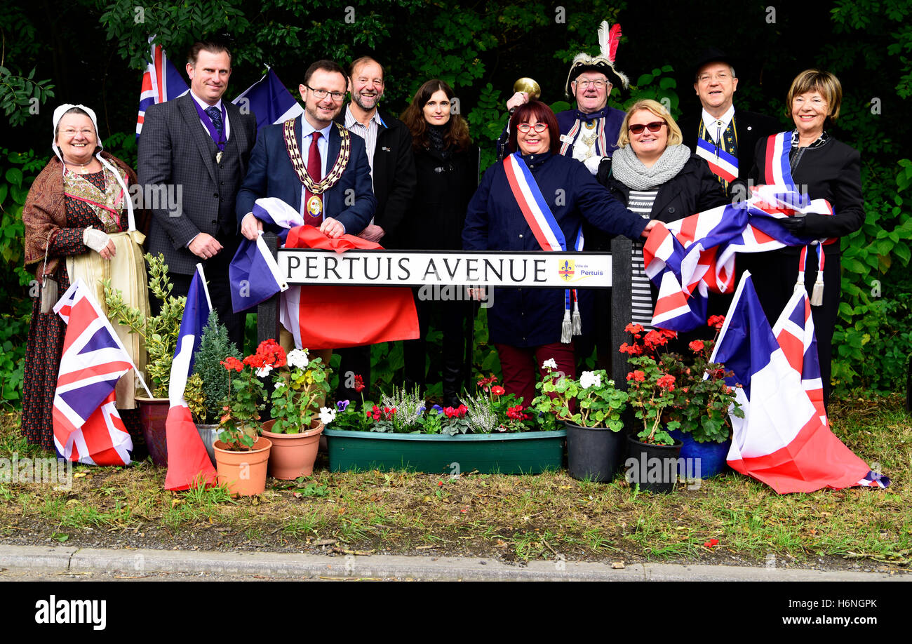 Dignatories da Francia e Regno Unito all'inaugurazione di un nuovo cartello stradale il gemellaggio delle città di Alton in Hampshire con Pertuis in Francia Foto Stock