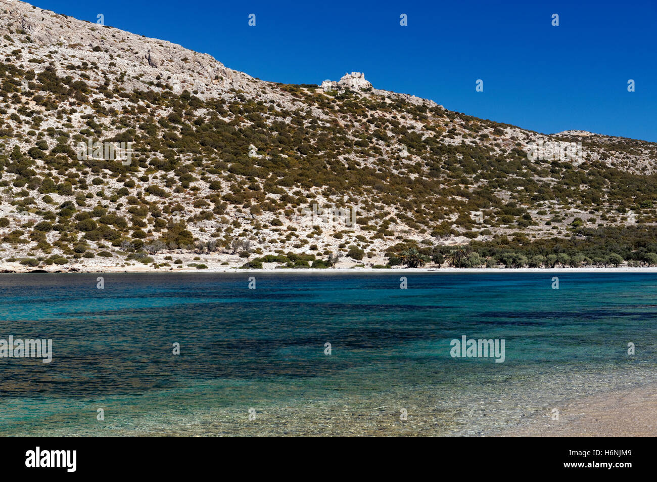 St Georges Bay e il castello dei Cavalieri di San Giovanni, Alimnia isola vicino a RODI, DODECANNESO isole, Grecia. Foto Stock