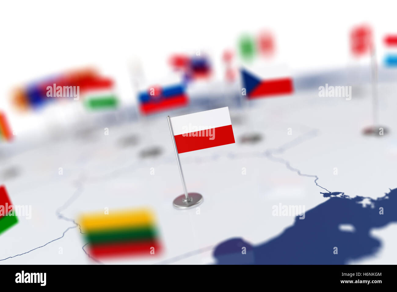 Bandiera nel fuoco. Mappa Europa paesi con bandiere. Profondità di campo per 3D rendering illustrazione isolato su bianco backgroun Foto Stock