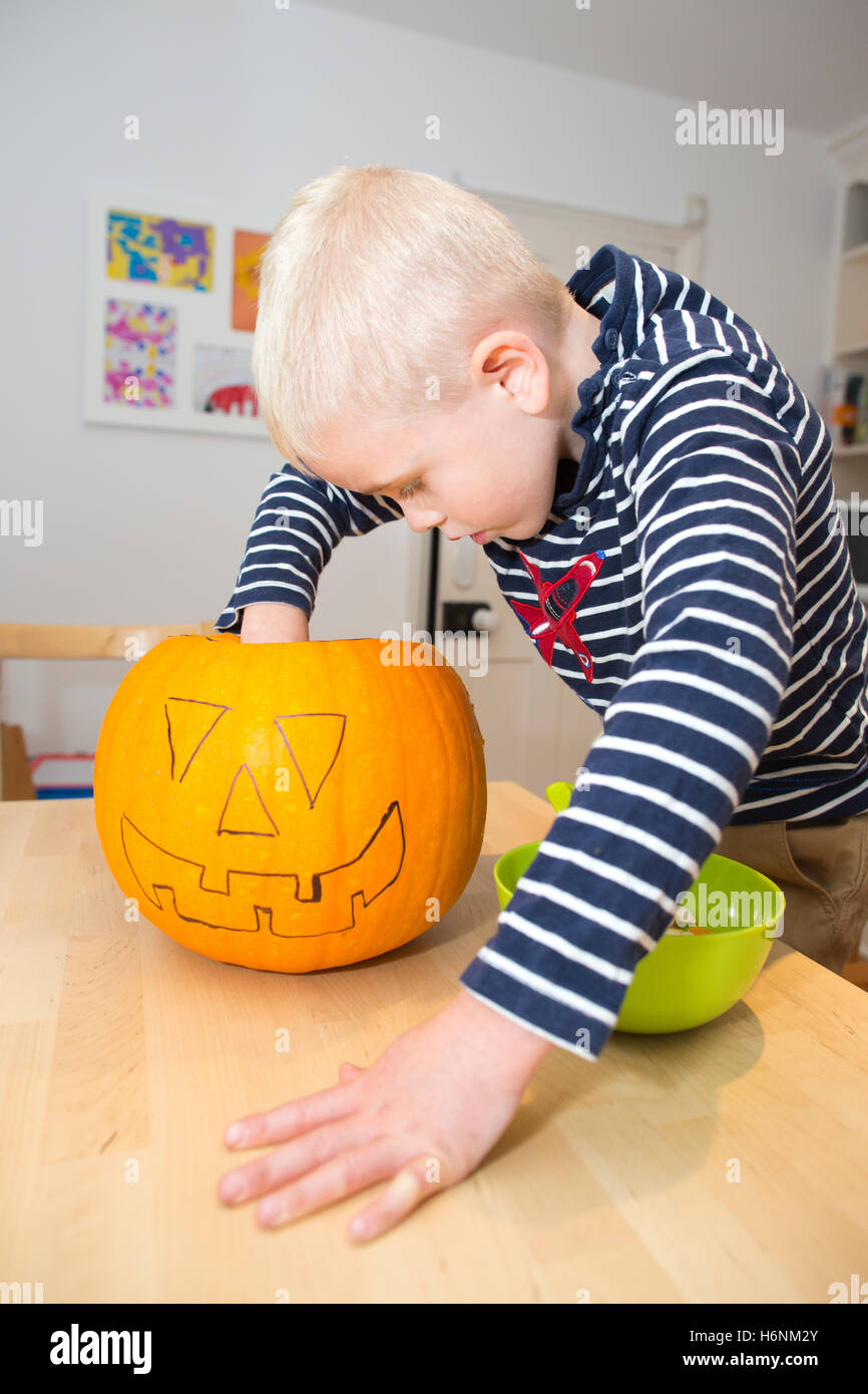 5 anno vecchio ragazzo raschiatura pumpkin come fa il suo jacko-o'-lanterna pronti per la notte di Halloween. Foto Stock