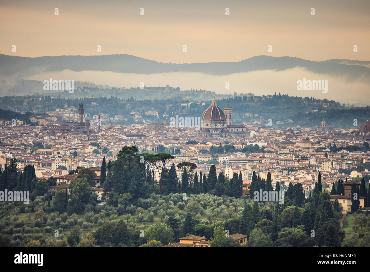 Firenze o antenna Firenze mattinata nebbiosa cityscape. Vista panoramica dalla collina di Fiesole. Palazzo Vecchio e il Duomo. Tuscan Foto Stock