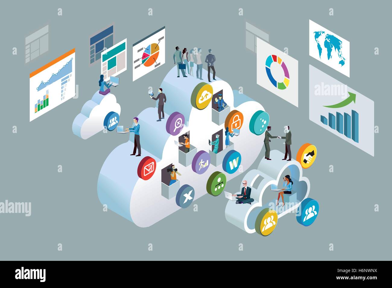 Le persone che vivono e lavorano nel cloud. Illustrazione Vettoriale