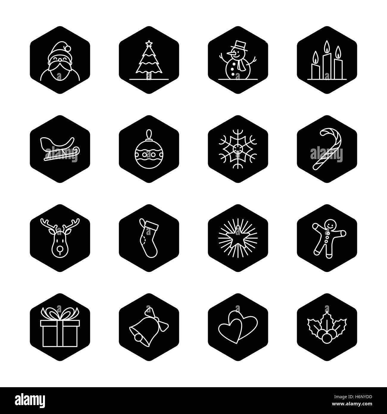 Natale e Anno Nuovo Imposta icona illustrazione vettoriale - profilo esagonale nero Illustrazione Vettoriale