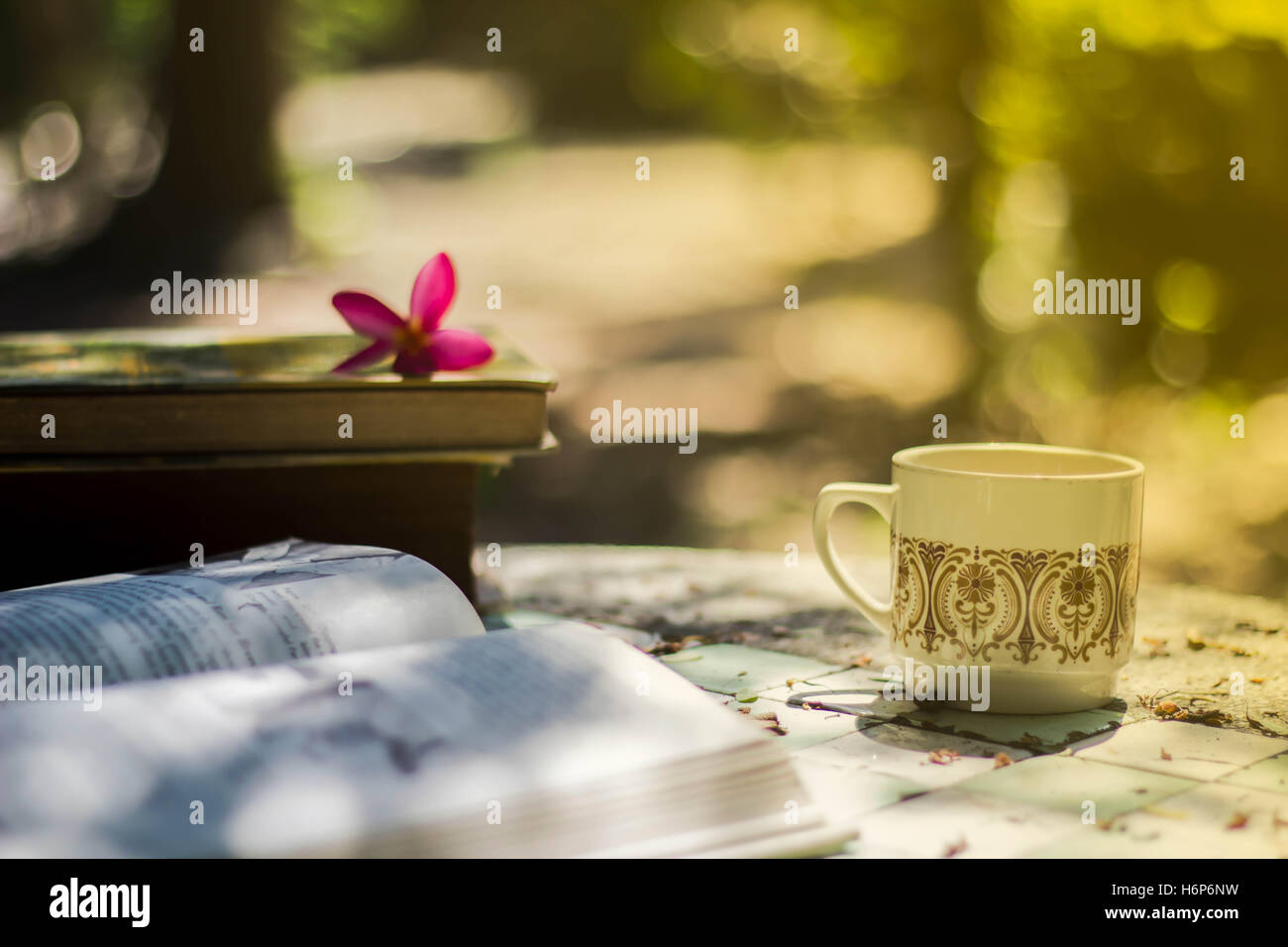 Tazza di caffè con fiore desk,soft focus sfocatura dello sfondo prenota Foto Stock