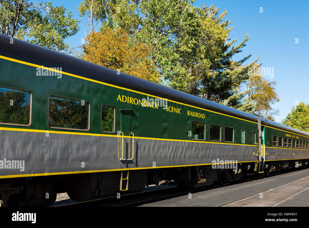 L'Adirondack Scenic Railroad, Thendara, New York, Stati Uniti d'America. Foto Stock