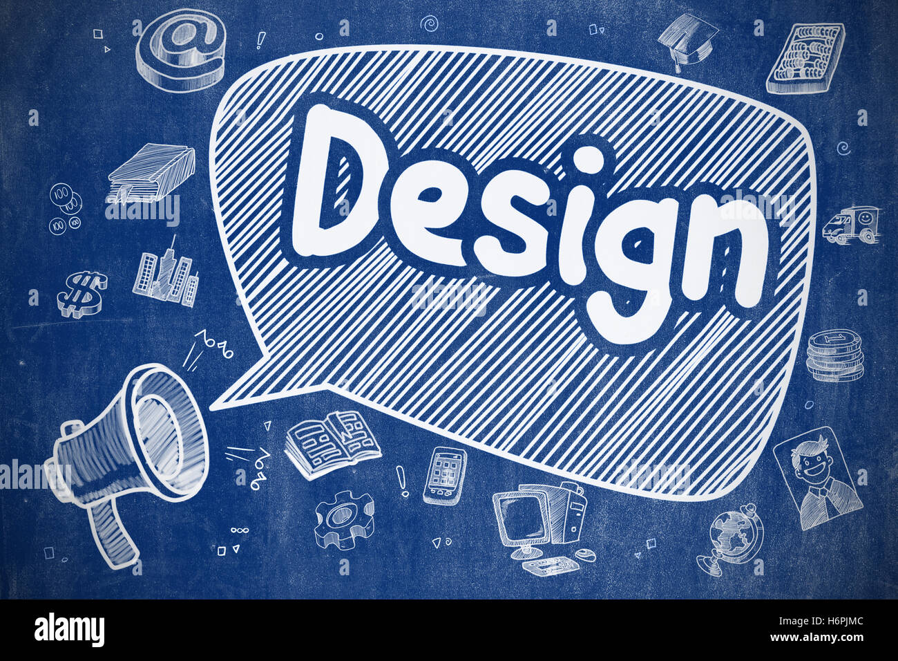 Design - Cartoon illustrazione sulla lavagna blu. Foto Stock