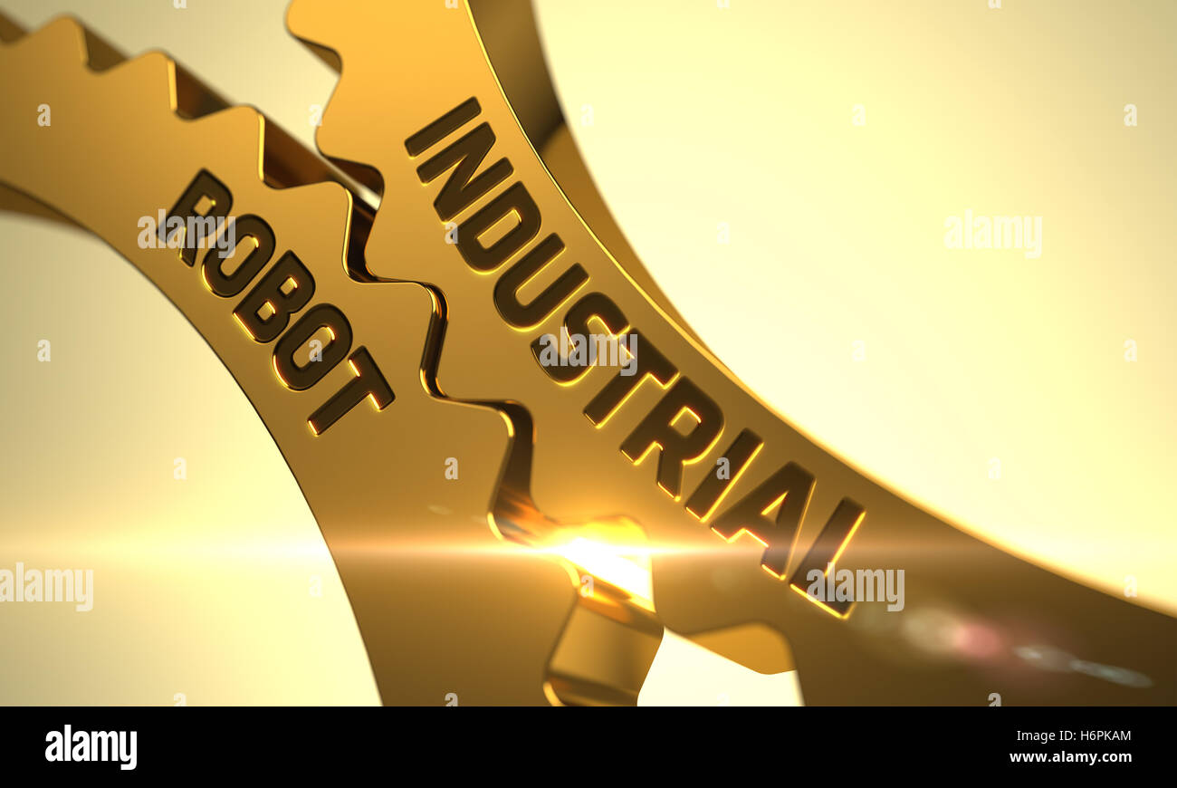 Robot industriale su ruote dentate d'oro. 3D. Foto Stock