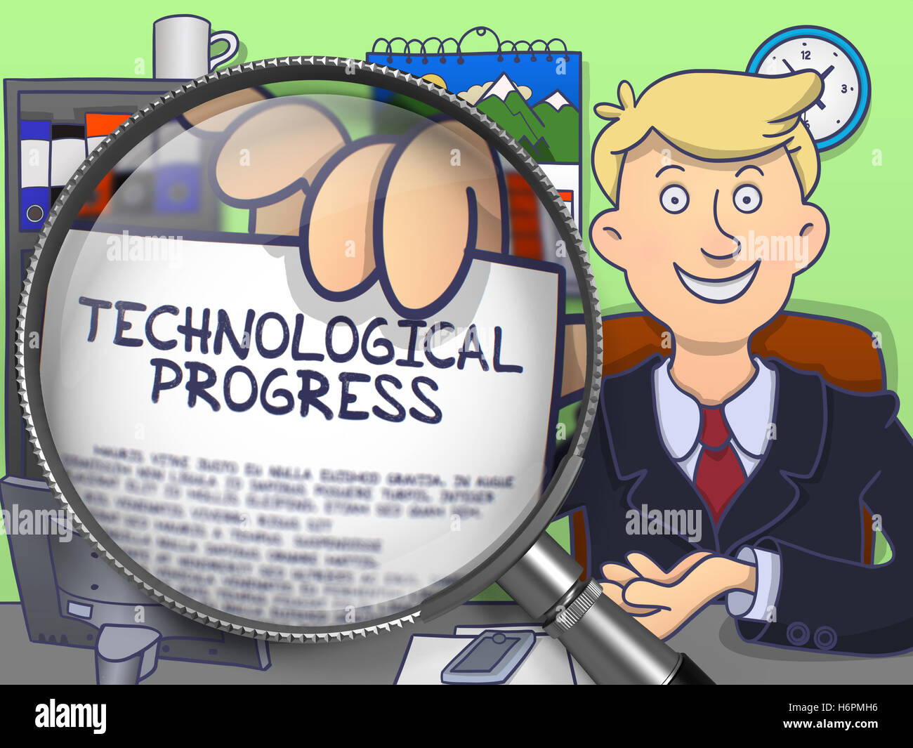 Il progresso tecnologico attraverso la lente. Doodle concetto. Foto Stock