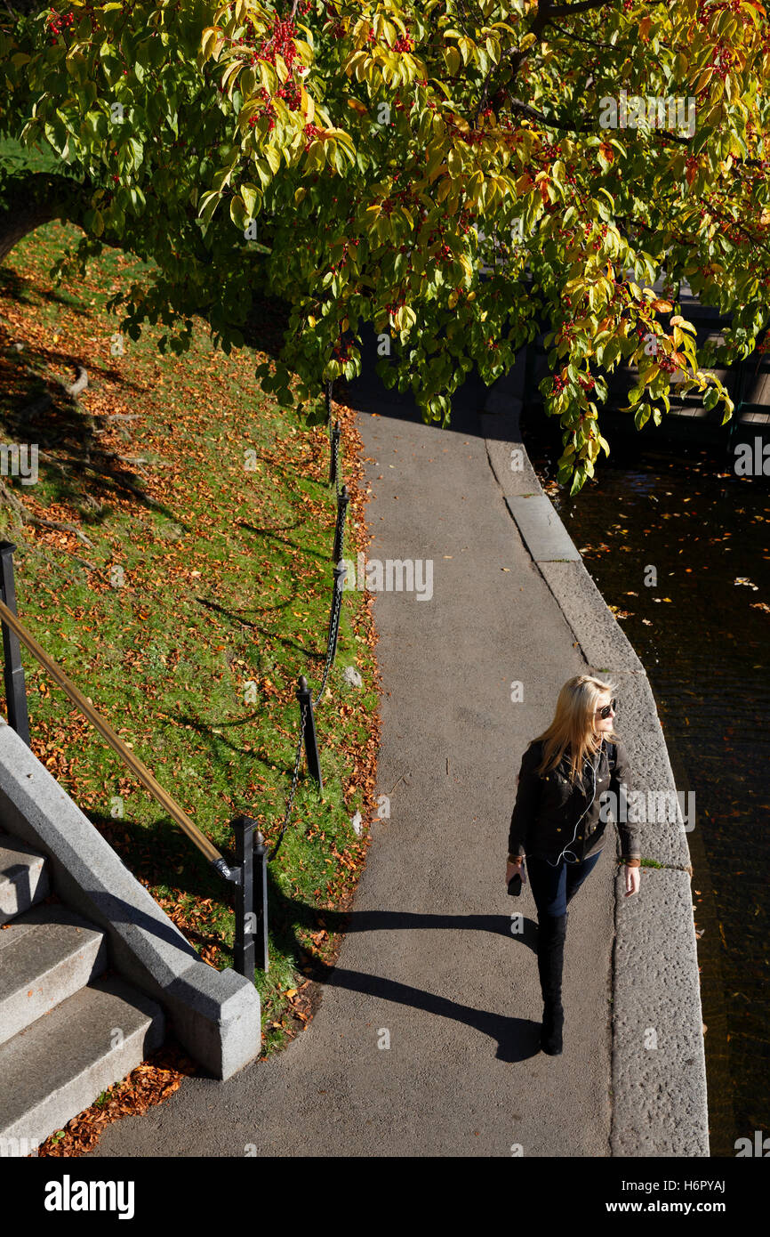 Donna che cammina nel giardino pubblico di Boston, Massachusetts Foto Stock