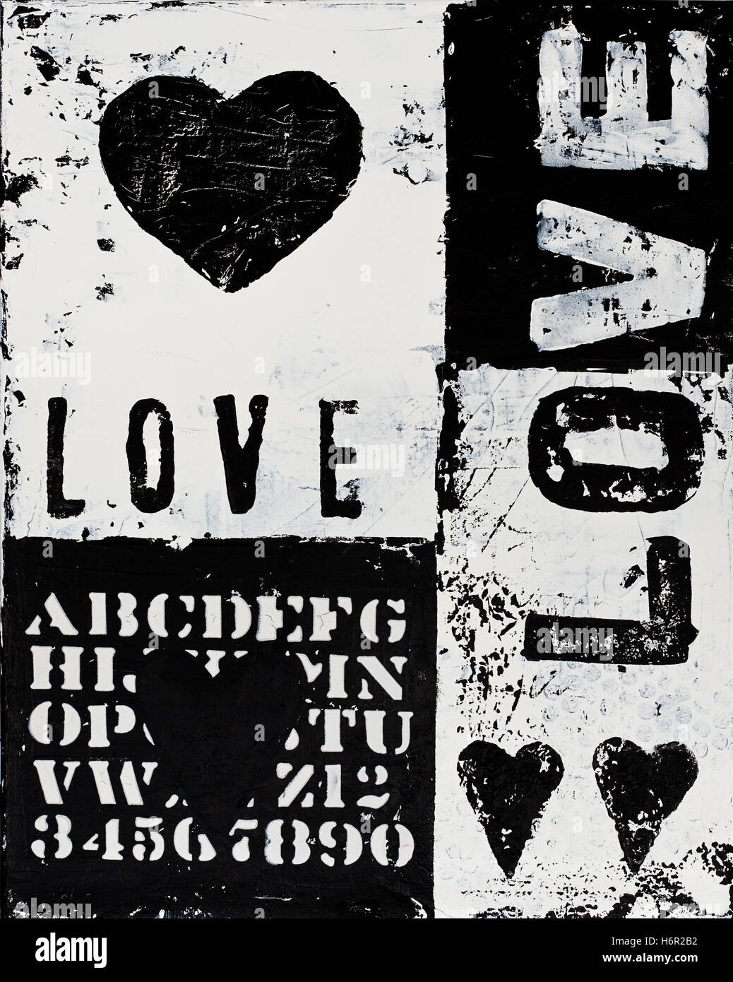 Arte lettere illustrazione dipinto Amore in amore si innamorò di cuore arte swarthy nero jetblack nero profondo romanticismo pittura Foto Stock
