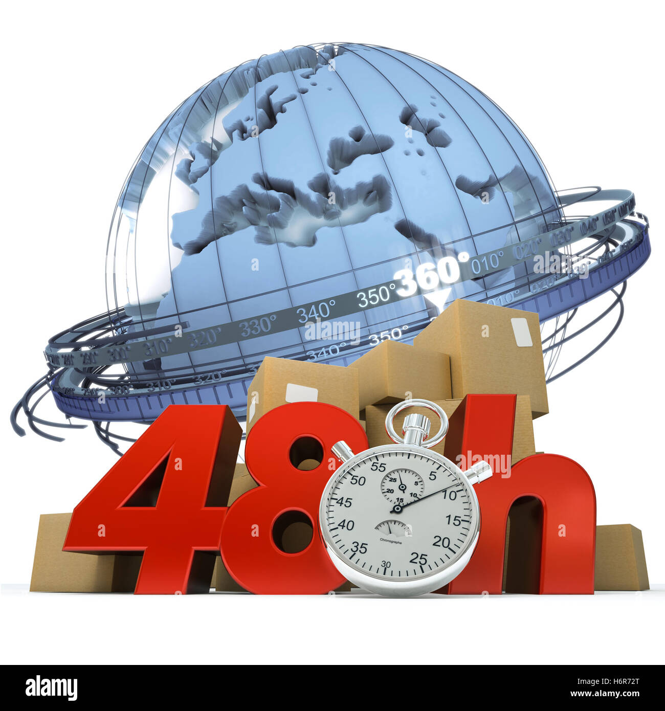 Isolate il trasporto di traffico ore logistica pacchetto express merci pacchi caselle casella cronometro merci trasporto globe Foto Stock
