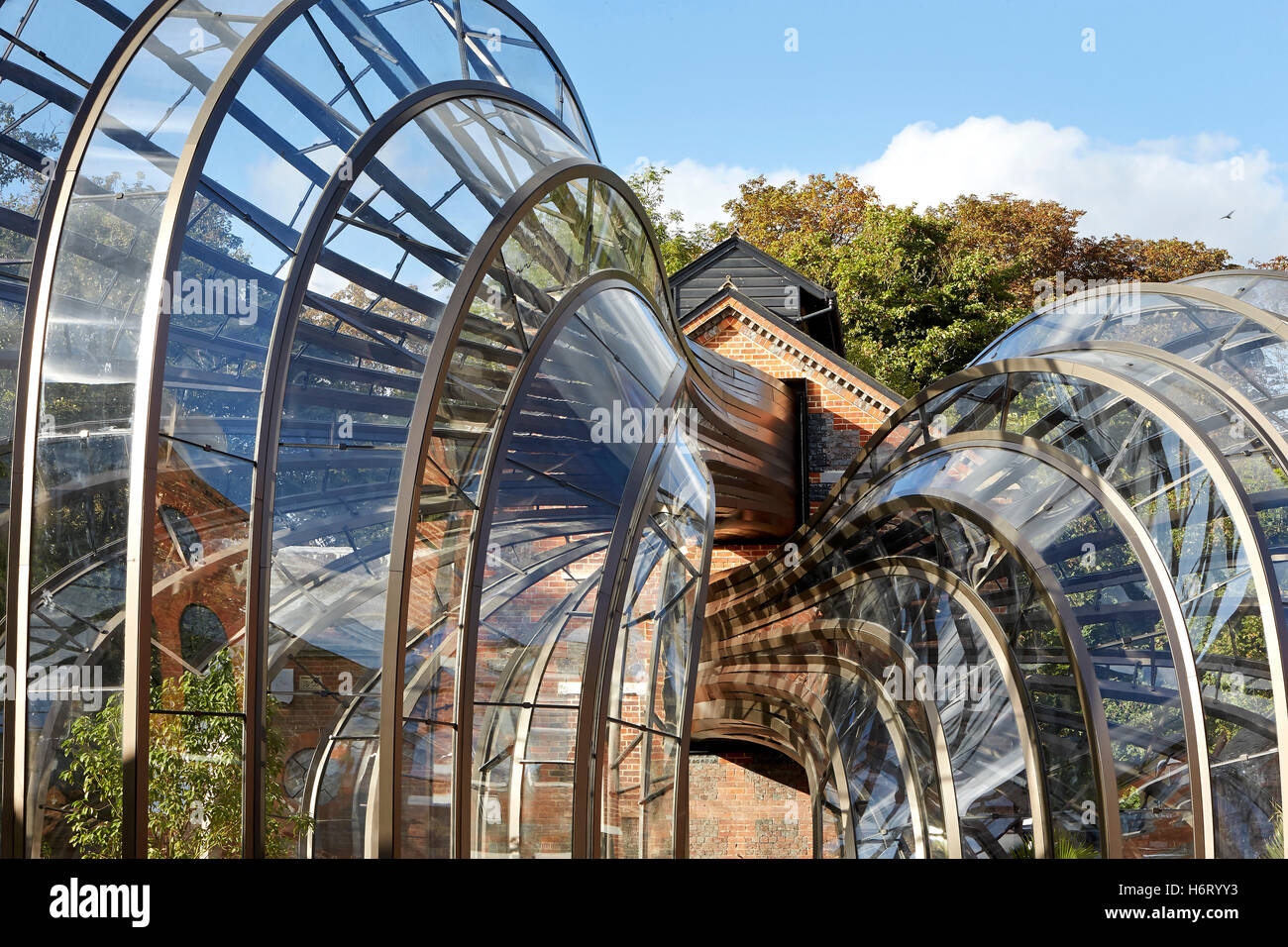Il collegamento dei volumi di serra della distilleria hall. Bombay Sapphire distilleria, lyndhurst, Regno Unito. Architetto: Heatherwick, 2014. Foto Stock