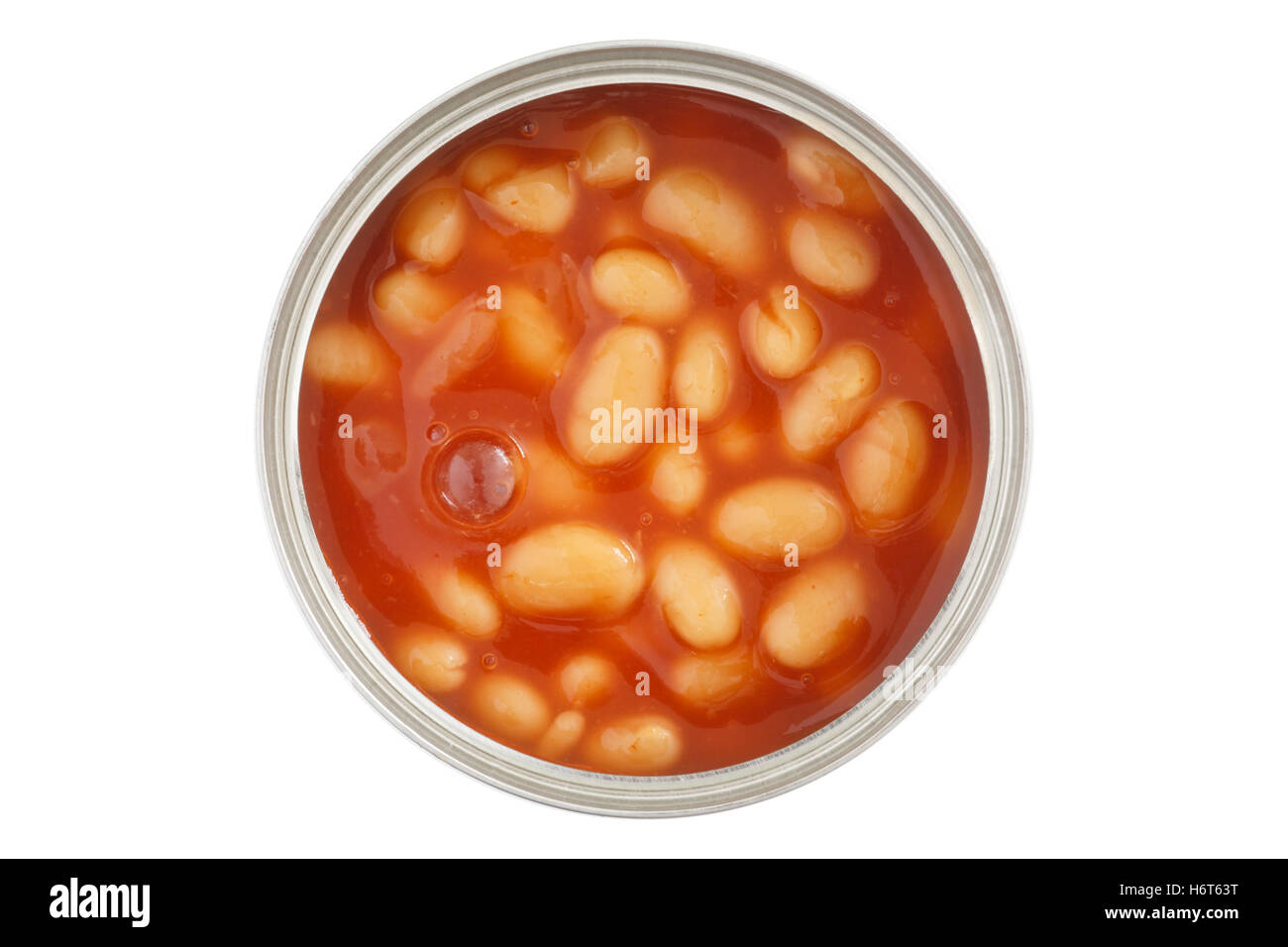 Aprire il barattolo di fagioli ripresa dall'alto isolato su bianco Foto Stock