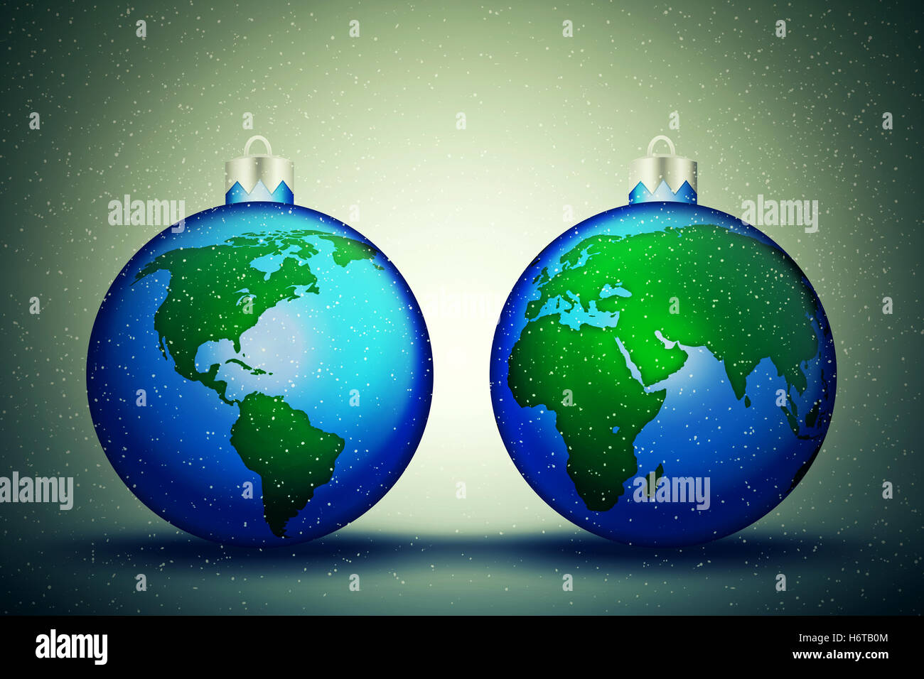 Due palle di Natale con la mappa del mondo pattern. Tranquille vacanze invernali in tutto il mondo. 3D'illustrazione. Foto Stock