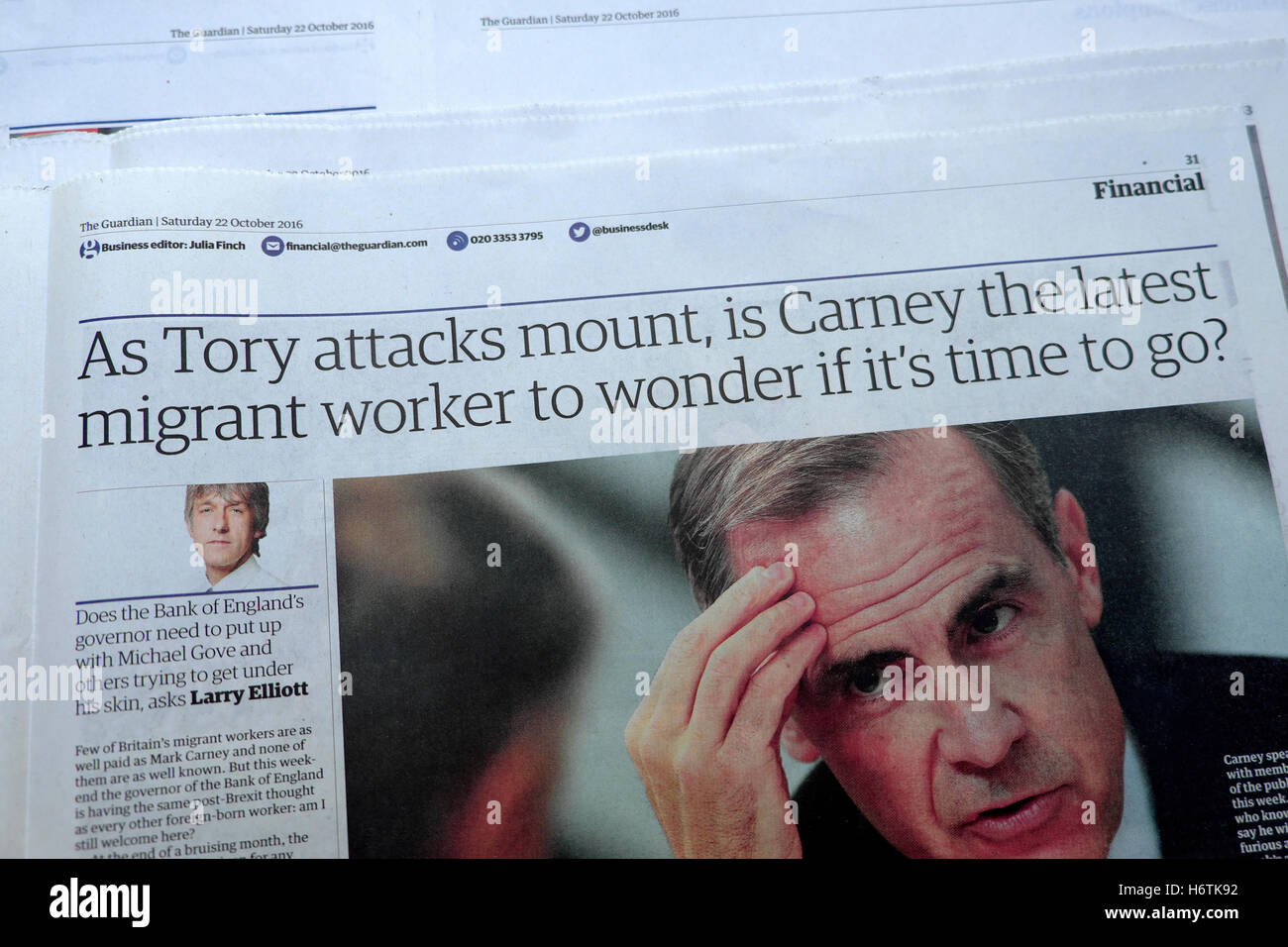 'Come Tory attacchi montare, Carney le ultime lavoratore migrante di chiedersi se è il momento di andare?' articolo di giornale 22 Ott 2016 Londra Foto Stock