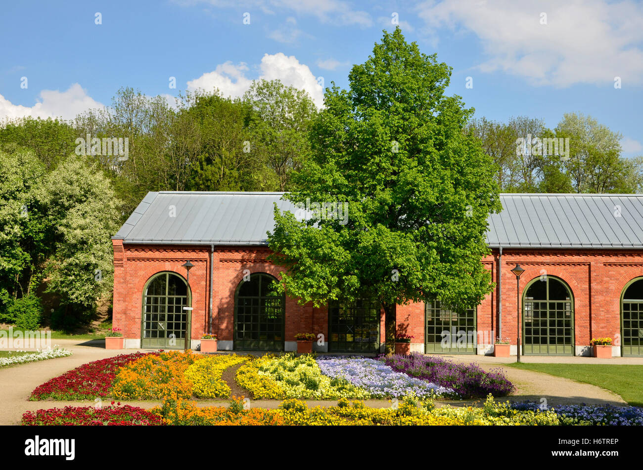 Fiore storico impianto di fiori di Baviera casa facciata edificio parco storico fiore fiori piante molla di Baviera Germania Foto Stock