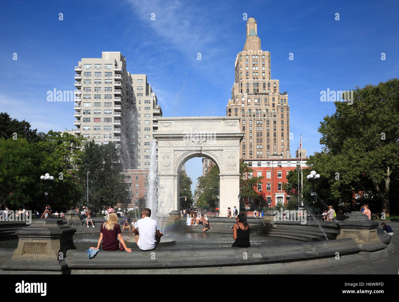 Fontana a Washington Square Park, Greenwich Village, Manhattan, New York, Stati Uniti d'America Foto Stock