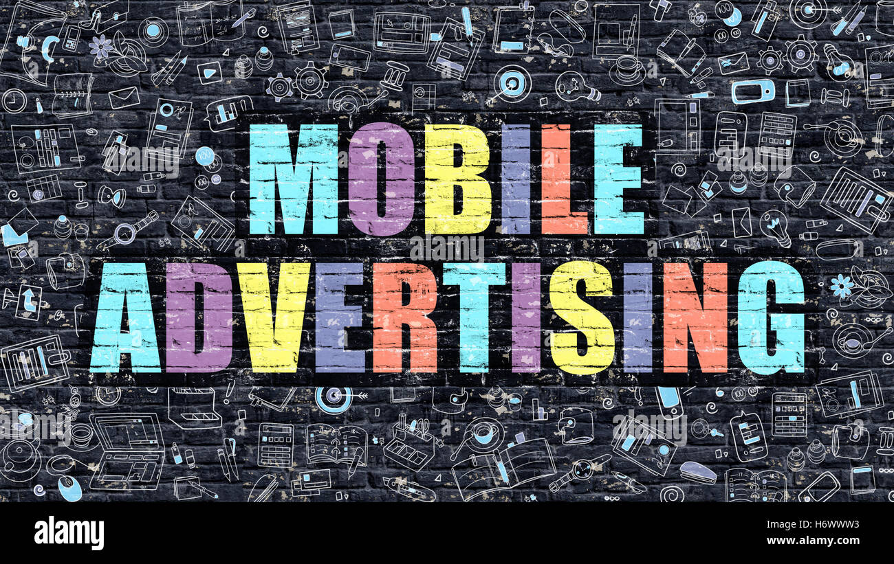 Mobile Advertising Concept. Multicolor su Brickwall scuro. Foto Stock