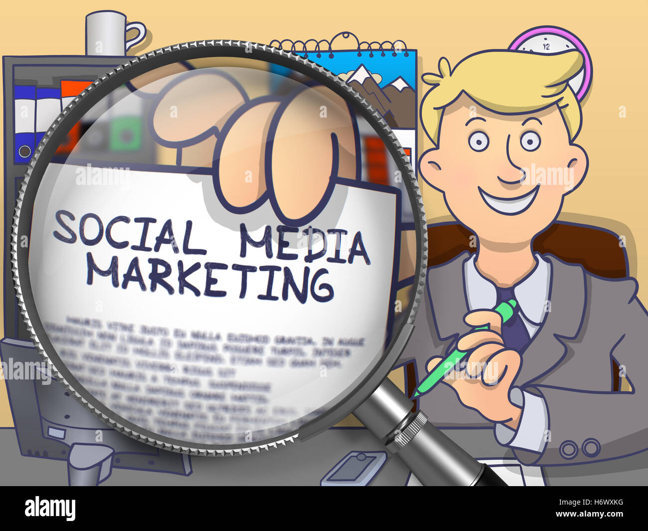 Il Social Media Marketing attraverso la lente di ingrandimento. Doodle concetto. Foto Stock