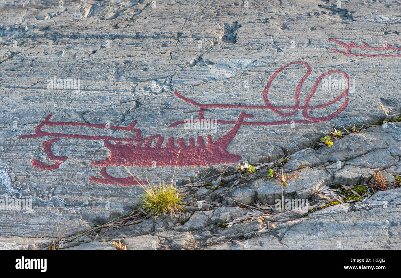 Incisioni rupestri dell'età del bronzo di Himmelstalund a Norröoping, Svezia. La più antica risale al 1800 a.C. Foto Stock