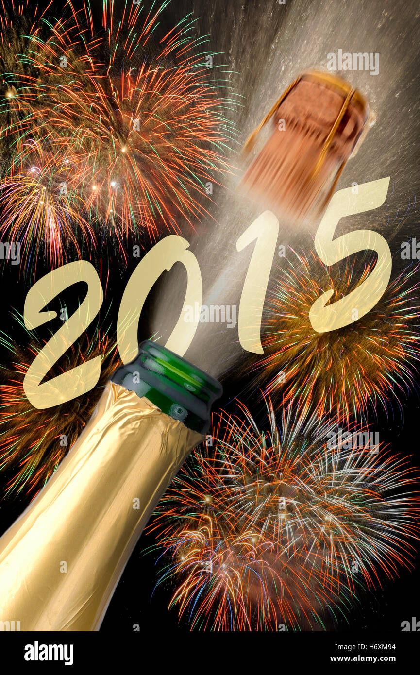 Champagne e fuochi d'artificio di nuovo anno 2015 Foto Stock