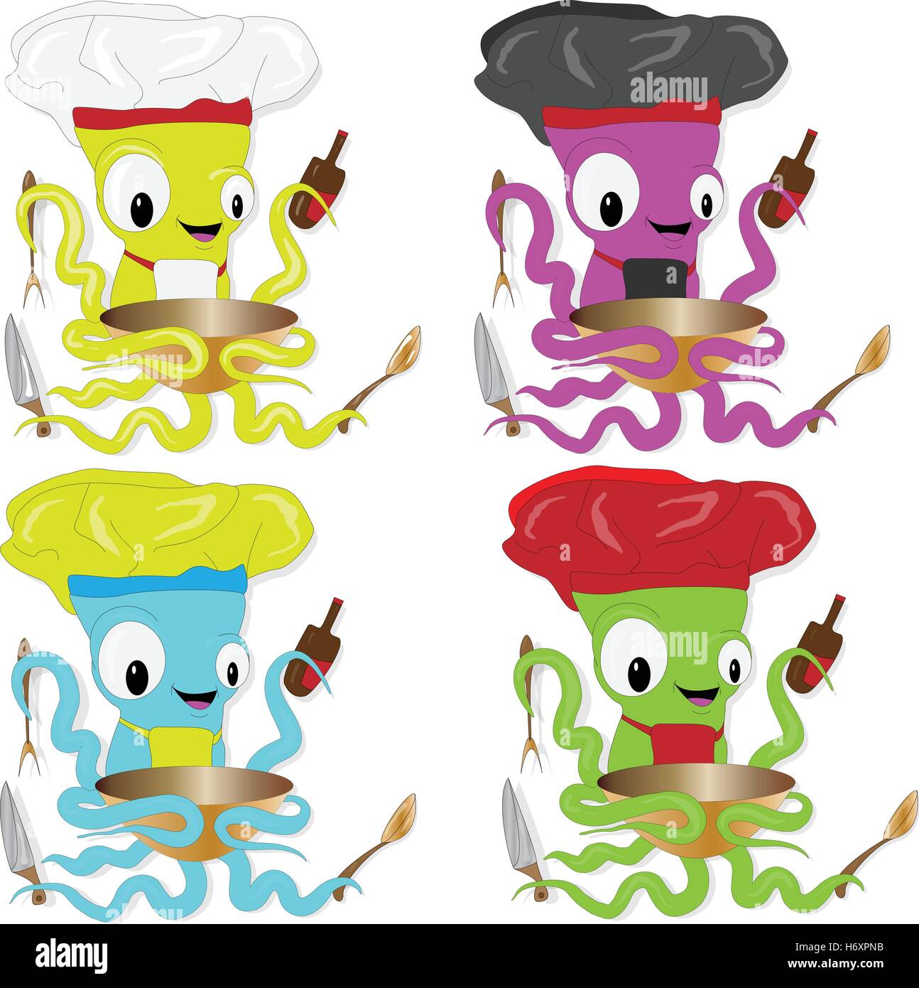 Funny cartoon octopus chef in cook hat . Per il menu di pesce ristorante Illustrazione Vettoriale