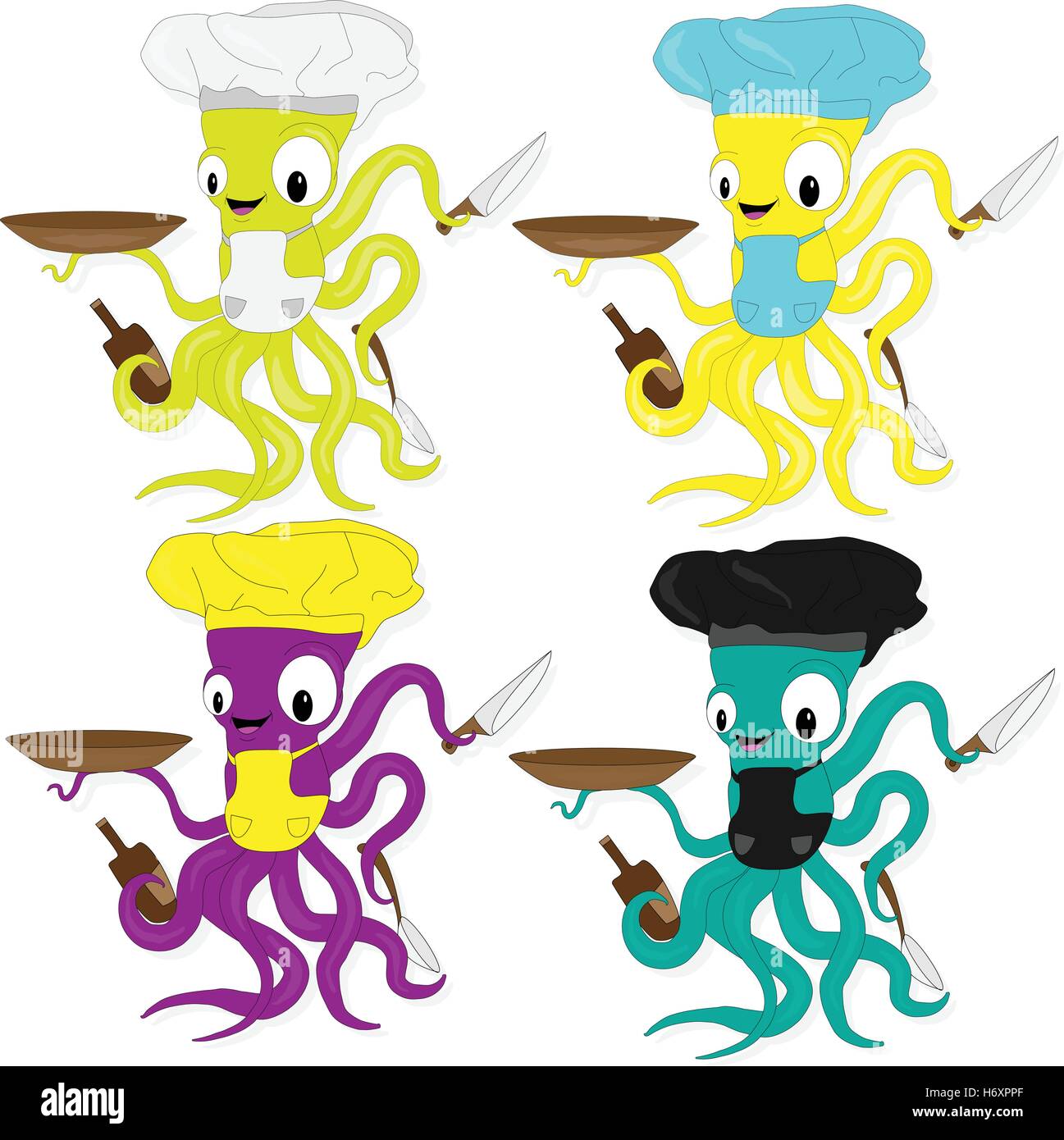 Funny cartoon octopus chef in cook hat . Per il menu di pesce ristorante Illustrazione Vettoriale