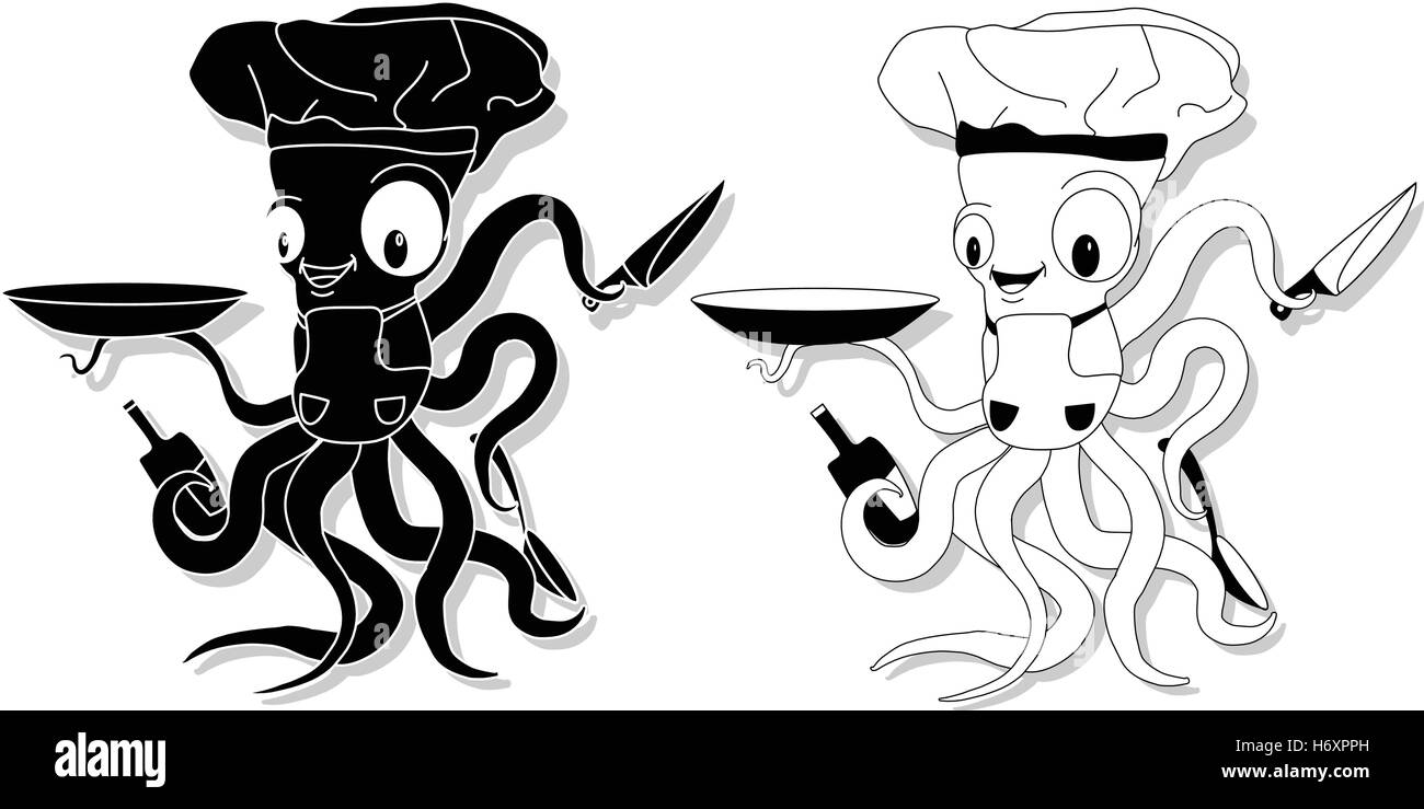 Funny cartoon octopus chef in cook hat . Per il menu di pesce ristorante Illustrazione Vettoriale