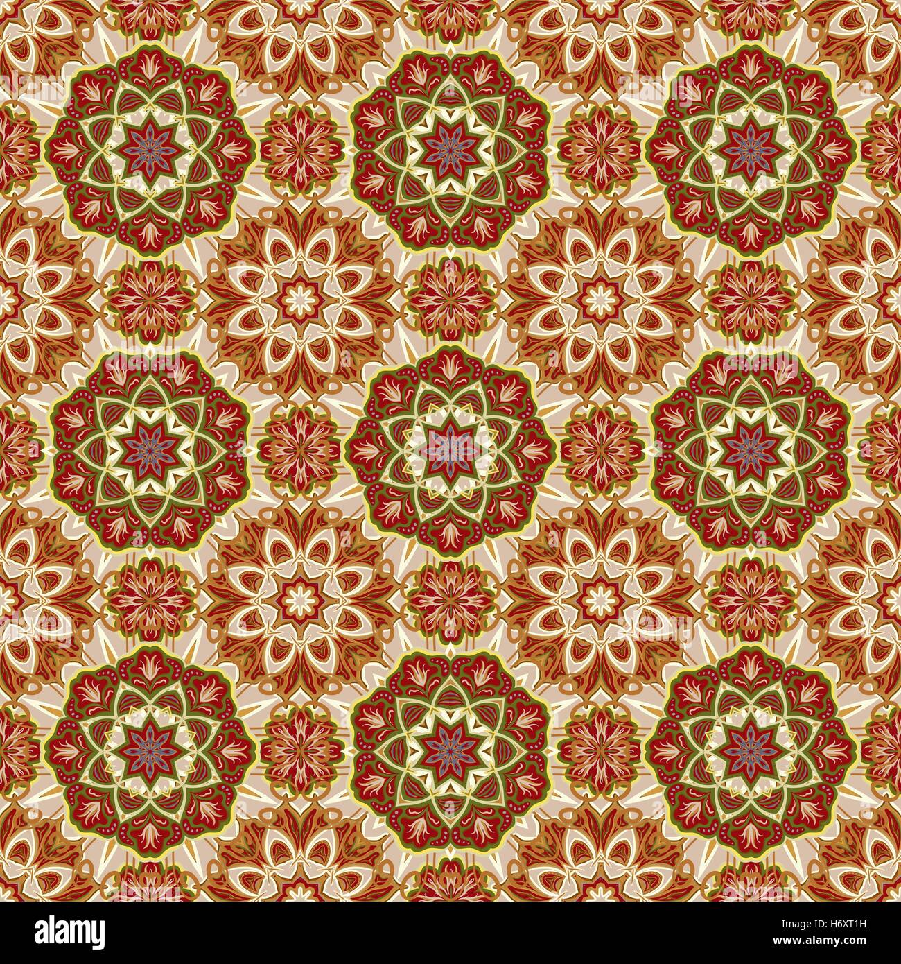 Vettore di Seamless pattern colorati. Oriente ornamento con dettagli colorati su sfondo turchese. Tracery del mandala per i tessili. Illustrazione Vettoriale