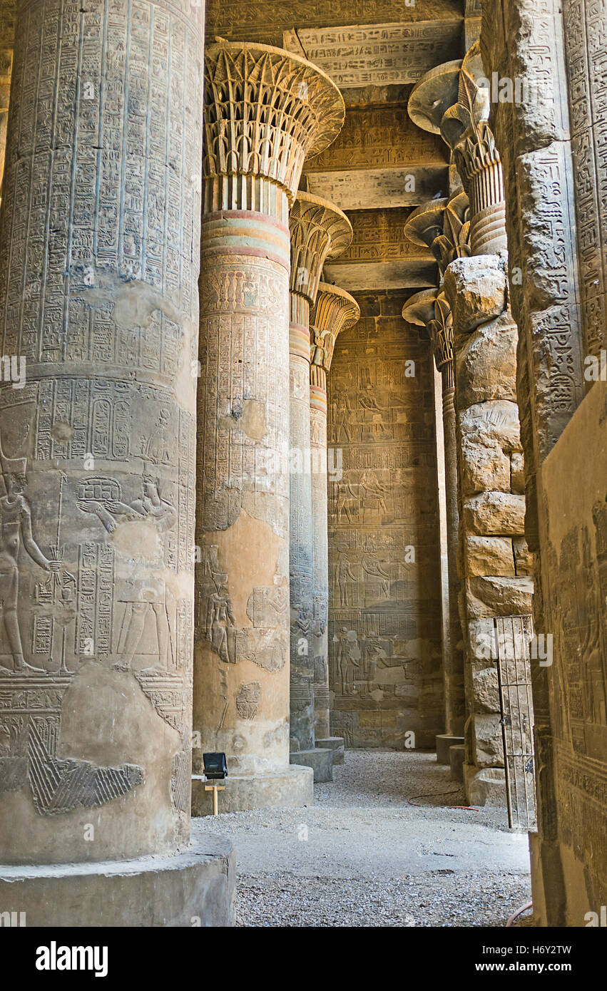 Le colonne nel tempio di Khnum decorata con i rilievi egiziano e guarnita con le varie capitali, Esna Foto Stock