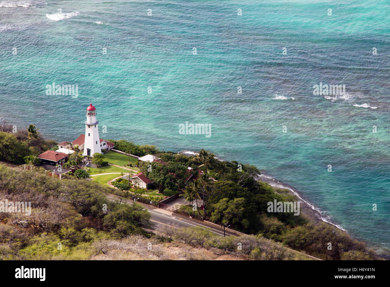 Diamond Head Lighthouse ai piedi del Diamond Head vicino a Honolulu su Oahu, Hawaii, Stati Uniti d'America. Foto Stock