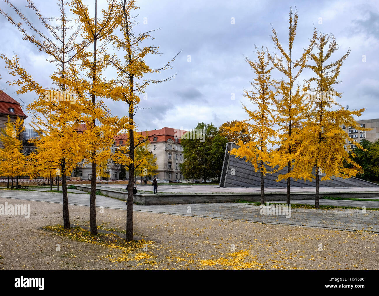 Invalidenpark con parete affondante scultura monumentale con fontana e stagno di Christophe Girot e alberi da maioletto gialli in autunno, Mitte Berlino. Foto Stock
