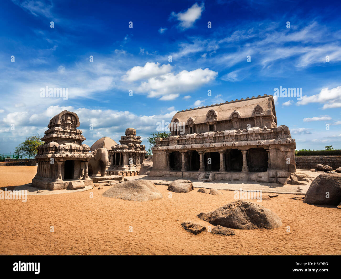 Cinque Rathas. Mahabalipuram, Tamil Nadu, nell India meridionale Foto Stock