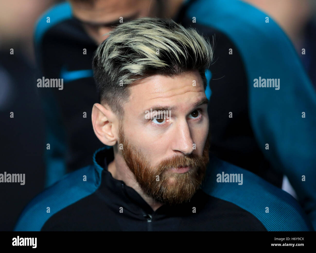 Barcellona il Lionel Messi prima della UEFA Champions League al Etihad Stadium e Manchester. Foto Stock