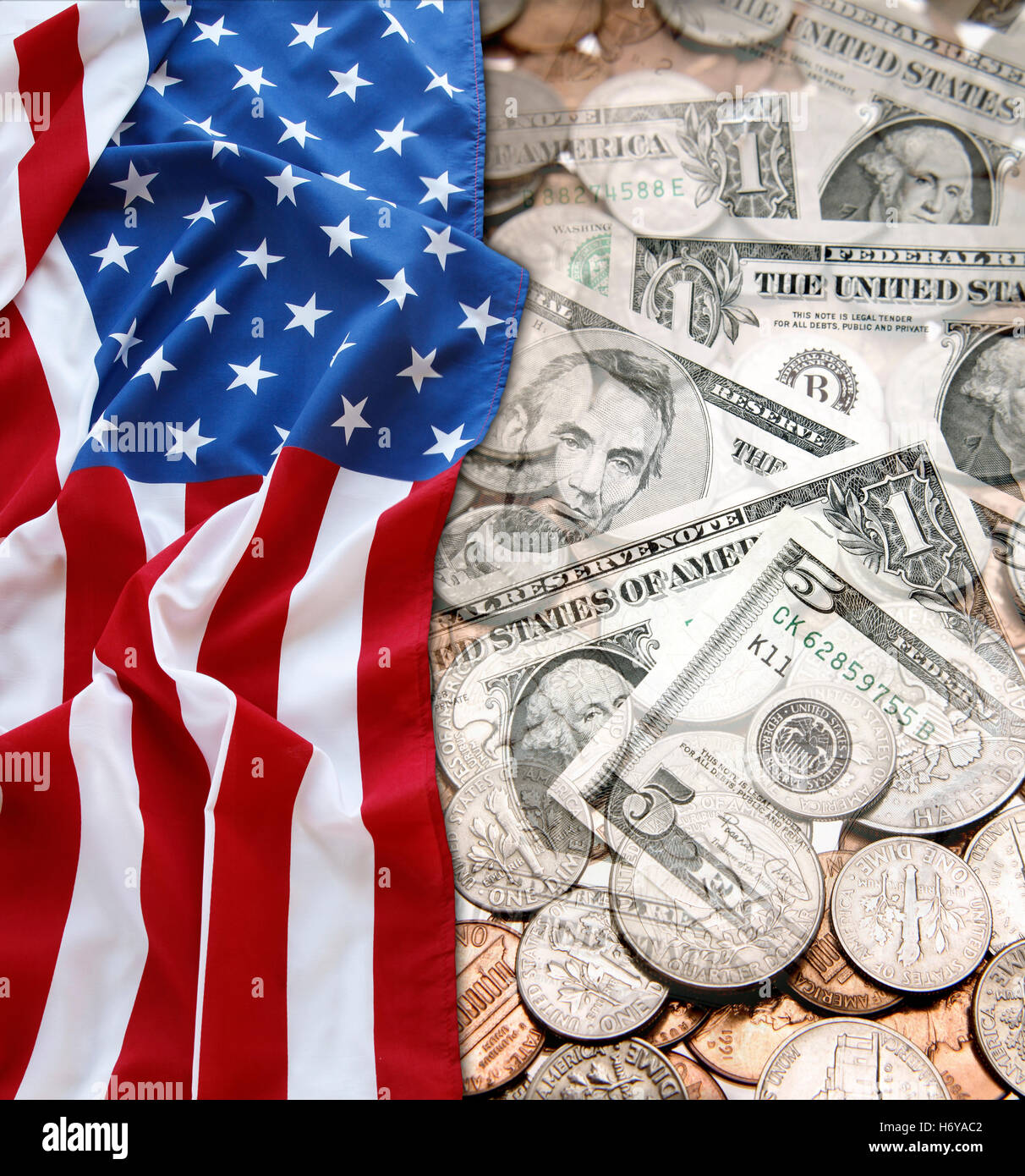 Bandiera americana, monete e banconote in euro Foto Stock